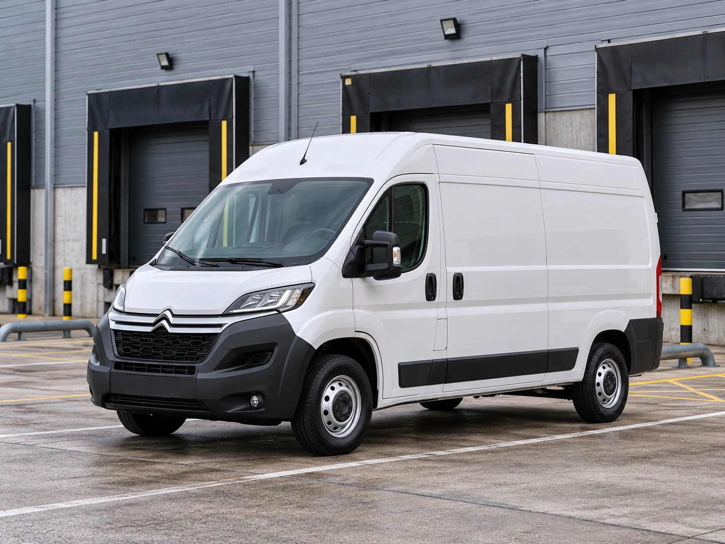 A modern white Citroën Relay outside a logistics distribution depot